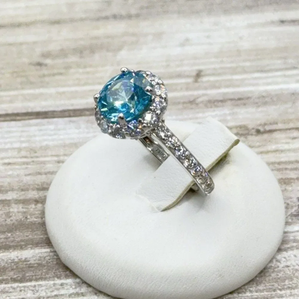 Sterling Silver Ring Sky Blue CZ Faceted Solitaire Halo Clear CZ Size 7.75 Prong - Picture 3 of 14